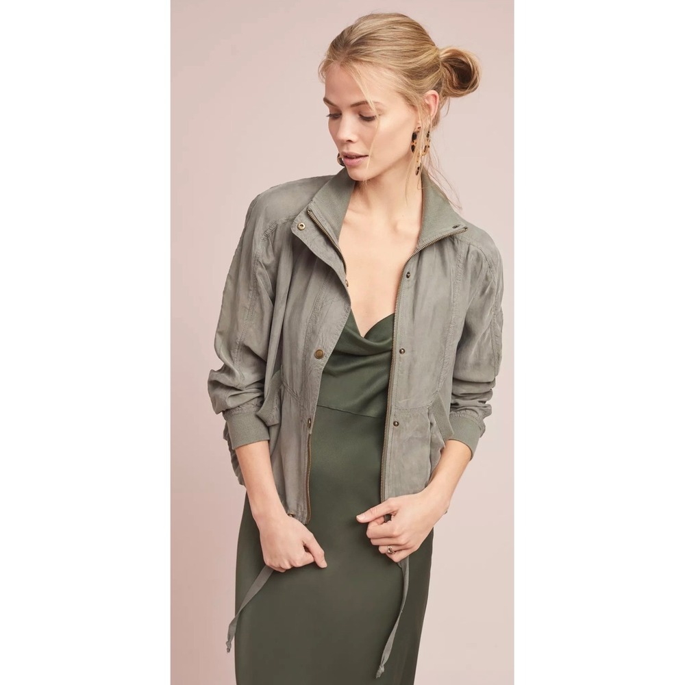 Marrakech Anthropologie Sage Green Cupro Utility Jacket Small Zip Drawstring